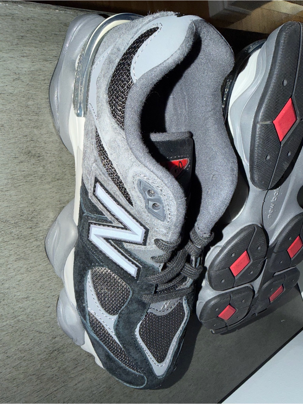 New Balance Athletic Sneakers In Black, Gray, White With Red Accents 9060